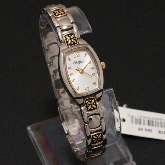 Caravelle Ladies Casual Quartz Watch Two Tone Raised Floral Design 17mm - Picture 2 of 12